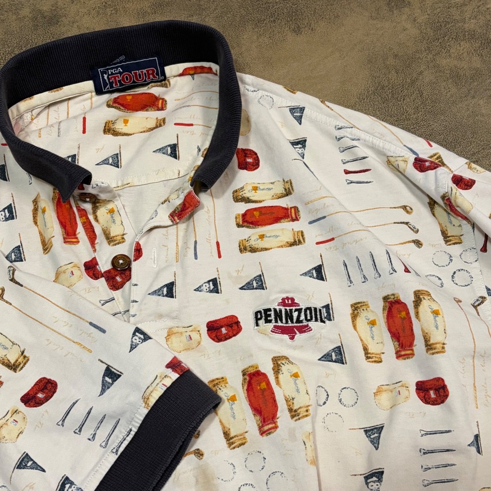 PGA Tour Polo Shirt Mens XL White Golf Print Pennzoil Short Sleeve Cotton